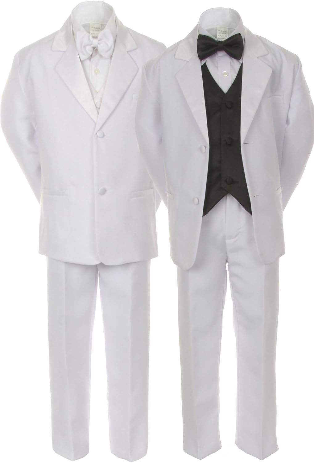 7pcs Boys White Suits Tuxedo with Satin Black Bow Tie Vest Set (S-20)