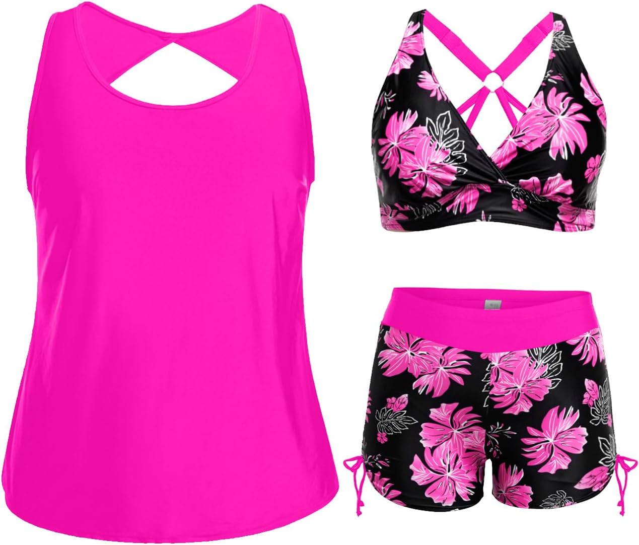 Holipick Women 3 Piece Plus Size Tankini Swimsuits Tummy Control Bathing Suits with Sports Bra with Boy Shorts