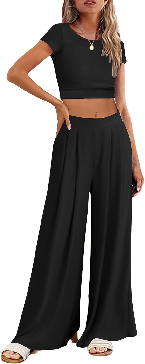 Women Summer 2 Piece Casual Tracksuits Outfits Loungewear Set Crop Top Long High Waist Pants Set Workout Sweatsuit