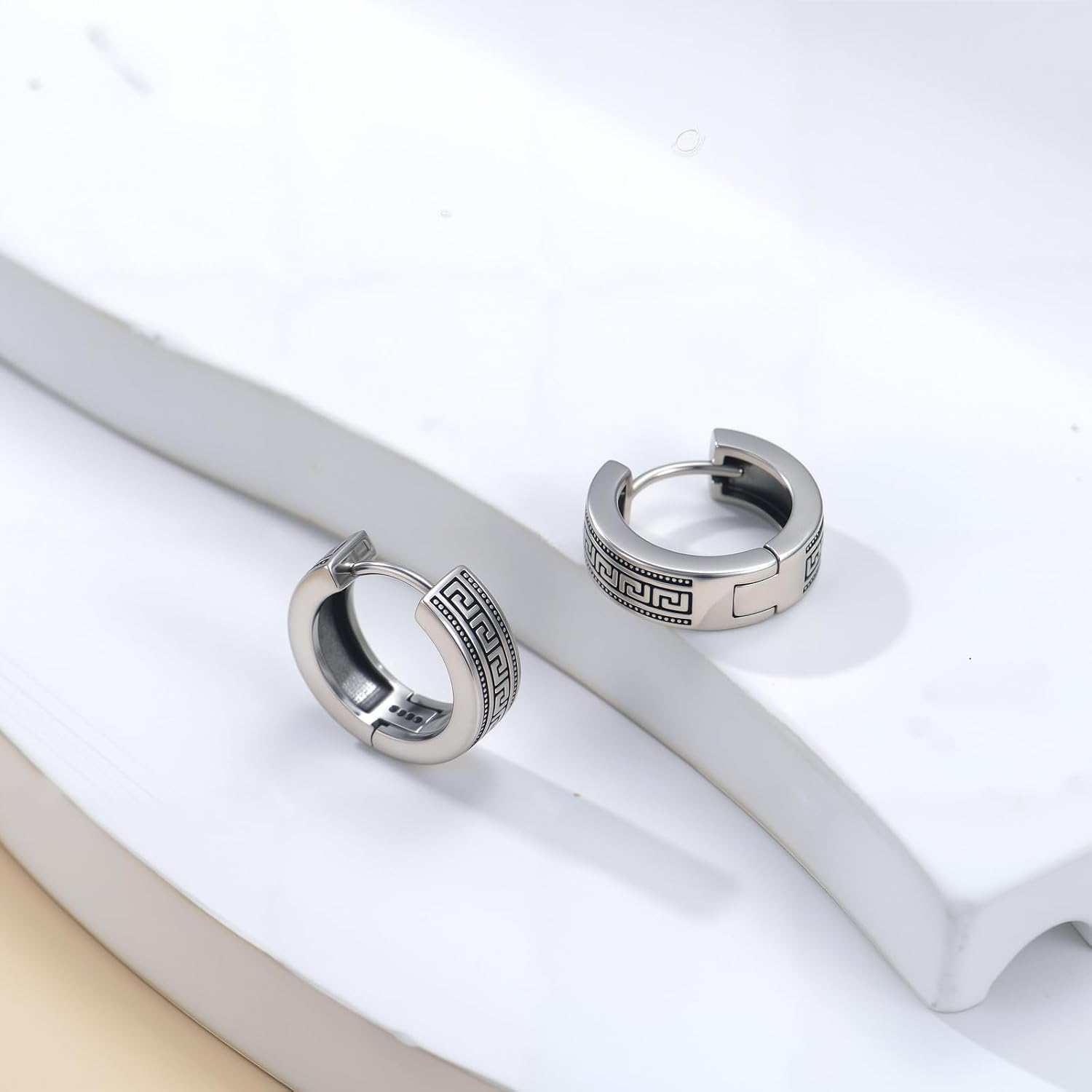 Men Hoop Earrings Sterling Silver Greek Key Earrings Hypoallergenic