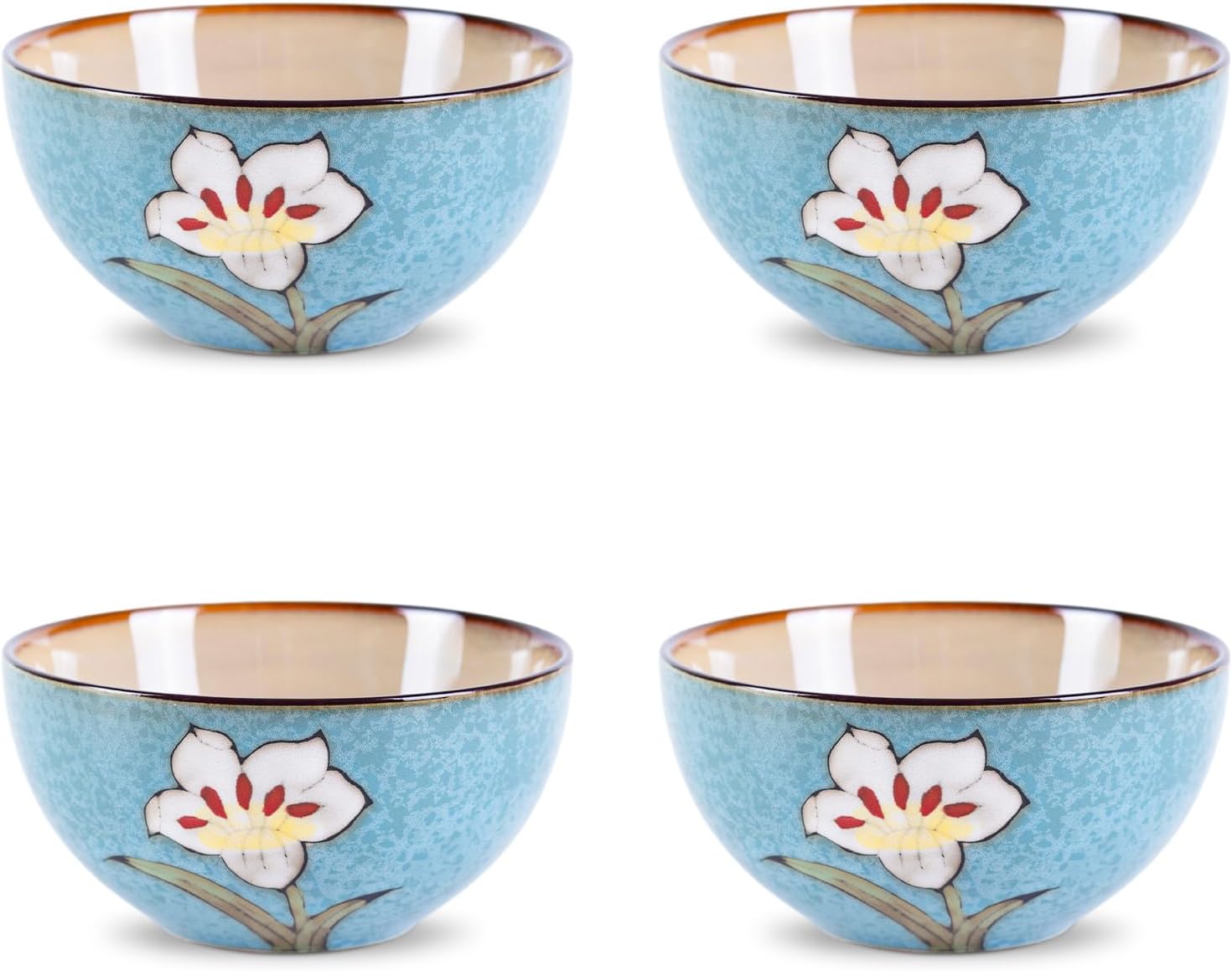28oz Ceramic Bowls Set of 4 for Kitchen, 6 Inch Hand-painted Floral Serving Bowls, Dishwasher Microwave Oven Safe, for Salad, Pasta, Ramen, Rice & Dessert, Breakfast Lunch Dinner, Blue
