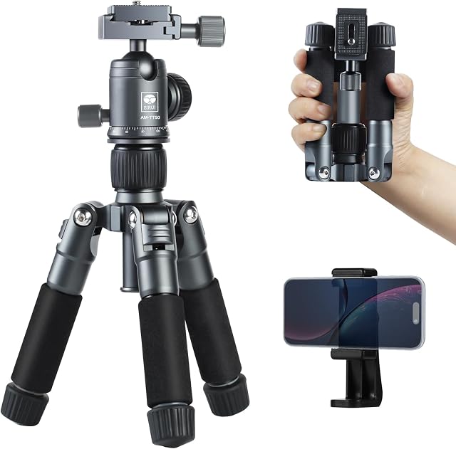 SIRUI Compact Mini Tripode de bureau, 20" Support de trépied en aluminium portable avec petite table 360° Tête de balle pour DSLR, Caméra, Téléphone, Charge jusqu'à 17.64lbs, Support téléphonique inclus, AM-TT50