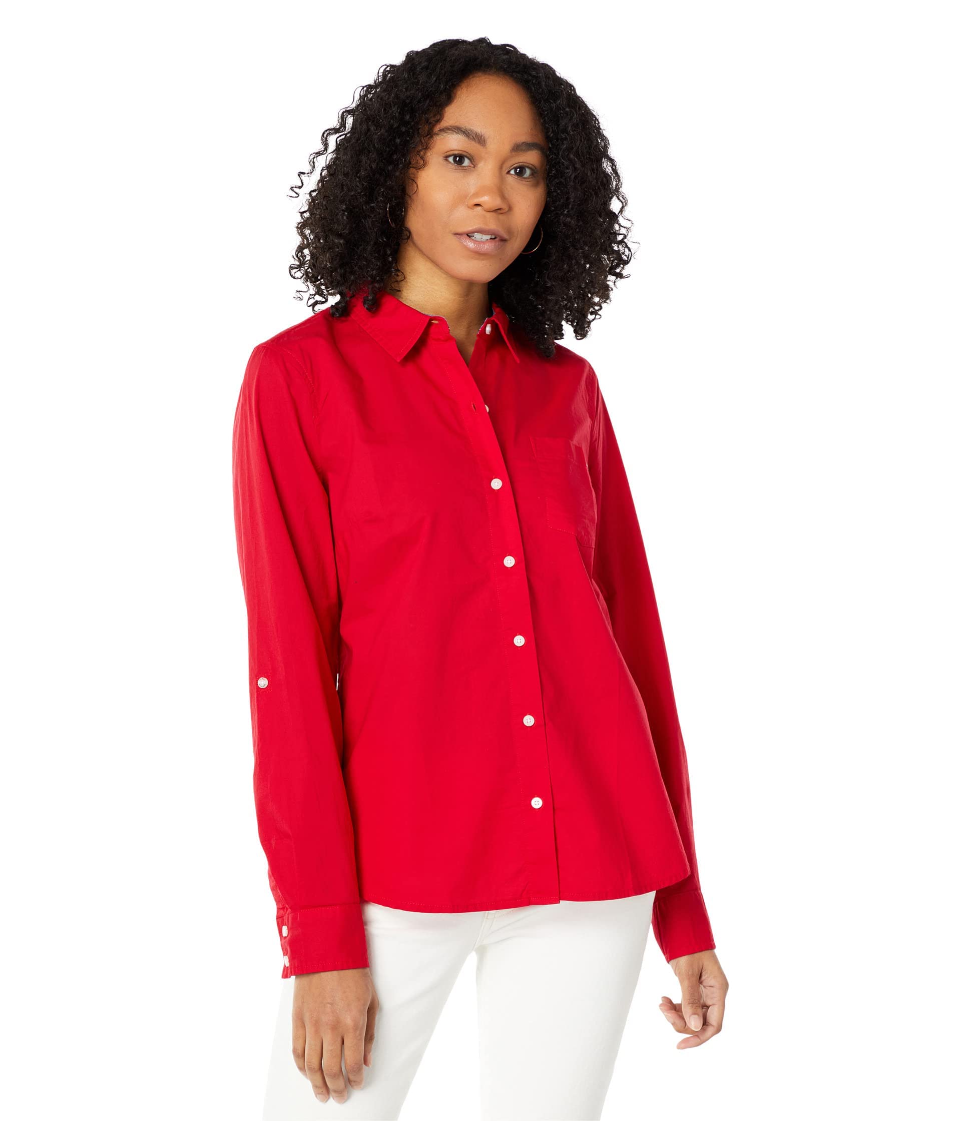 Women's Solid Button Collared Shirt With Adjustable Sleeves