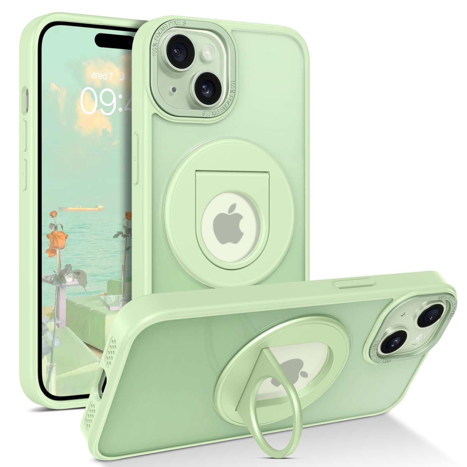 VENINGO for iPhone 15 Case, Slim 360° Ring Stand Magnetic Translucent Matte Thin Shockproof Protective Phone Case for iPhone 15 6.1", Matcha Green