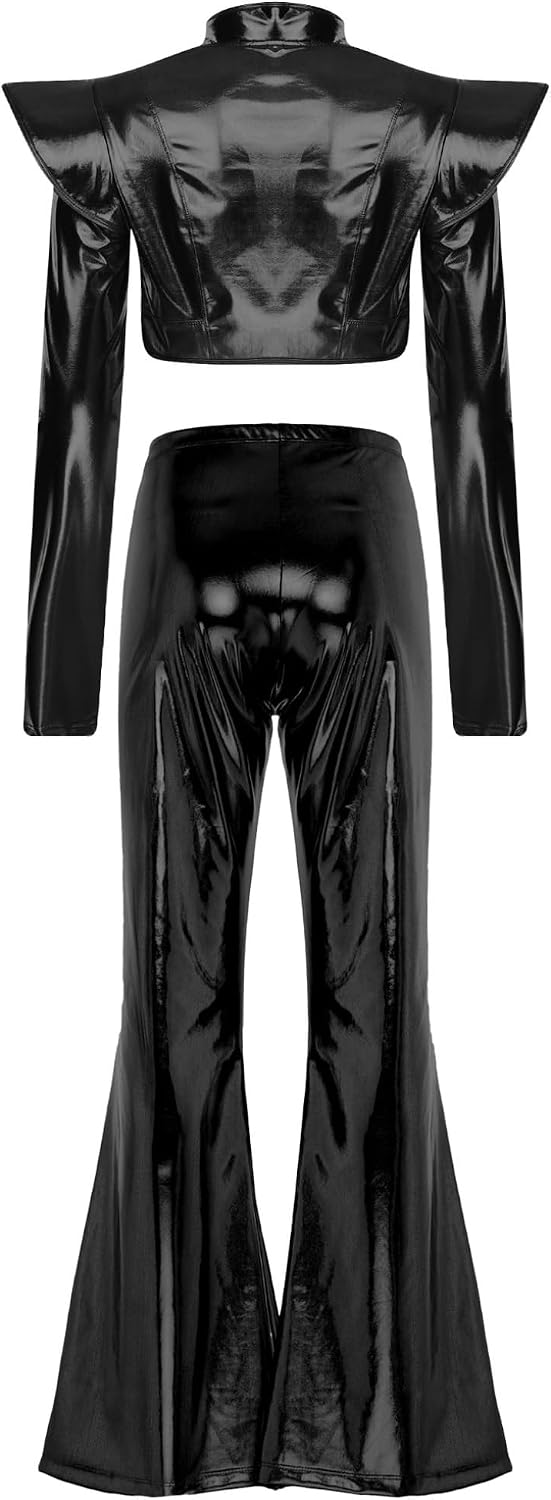 Freebily Adult Women Metallic Jacket Zip Up Sweatshirt Short Coats Shiny Crop Top Hip Hop Dance Shirt