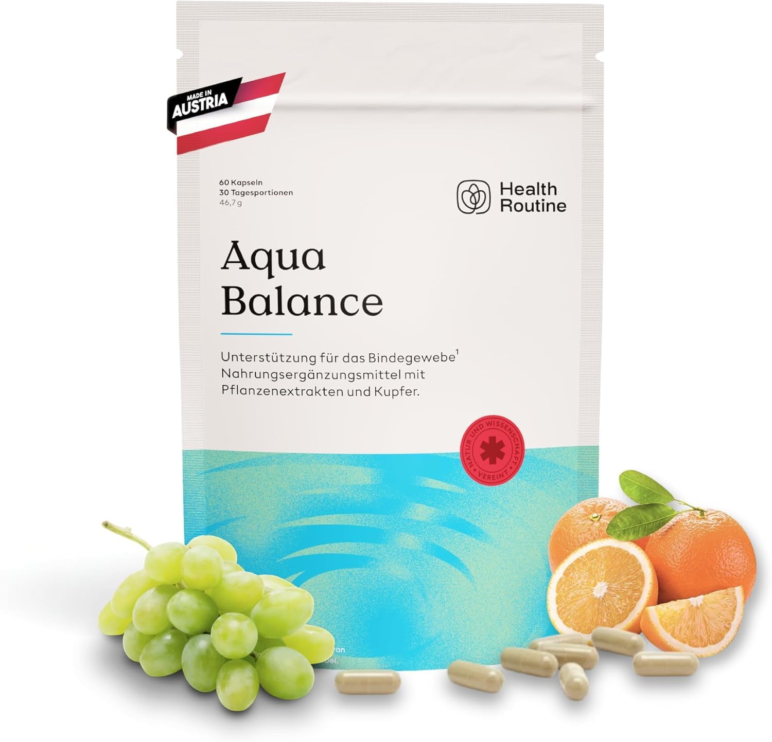 Health Routine Aqua Balance - 60 Kapseln 30 Portionen - Nahrungsergänzungsmittel mit OPC Traubenkernextrakt Hochdosiert, Diosmin, Kupfer und Brennnessel zur Unterstützung von Bindegewebe und Venen