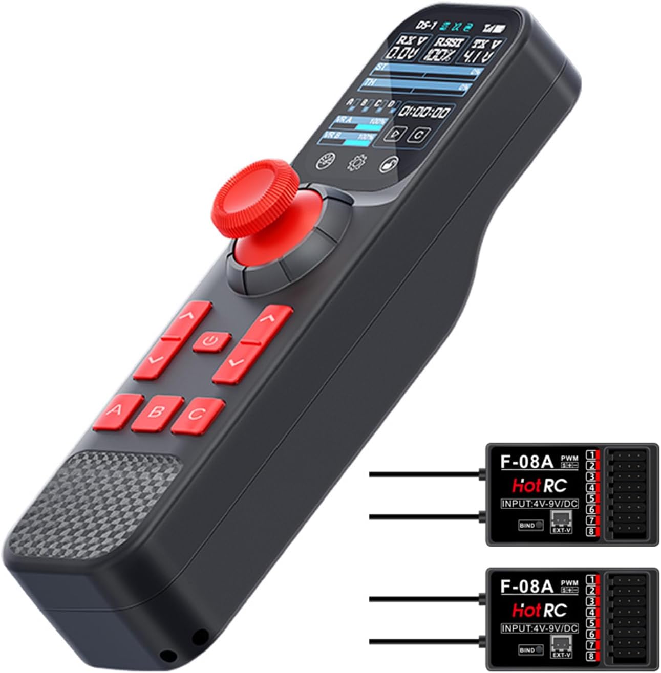 HotRC DS800 8 Channel RC Transmitter and Receiver, 2.4GHz FHSS Radio Controller w/ 2.0" Color Touch Screen Voltage Telemetry Cruise Control 4-Wheel Steering for RC Car Boat Tank (w/2 Receiver)