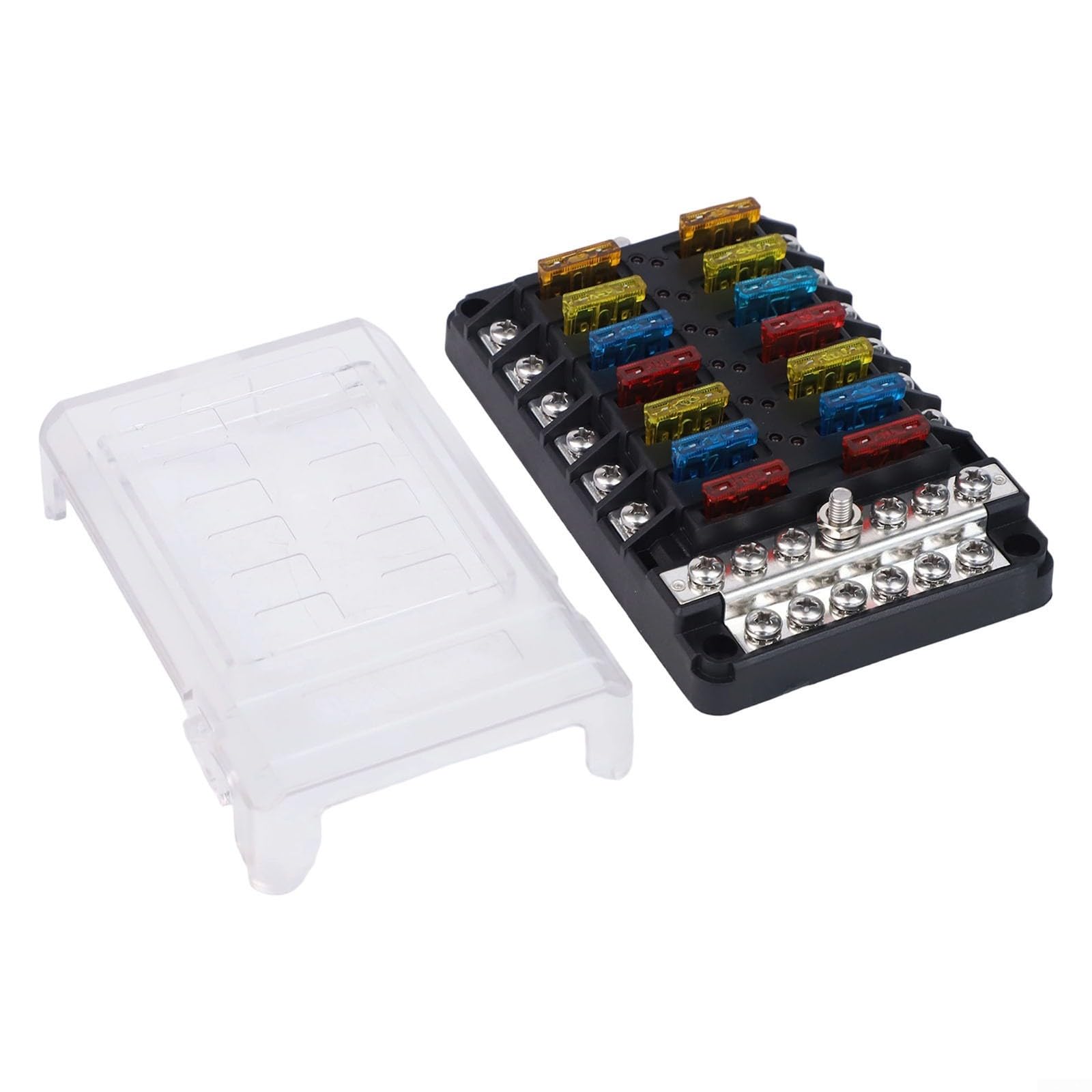Caja de fusibles 12V de 12 vías con polo positivo y negativo para barco y autocaravana