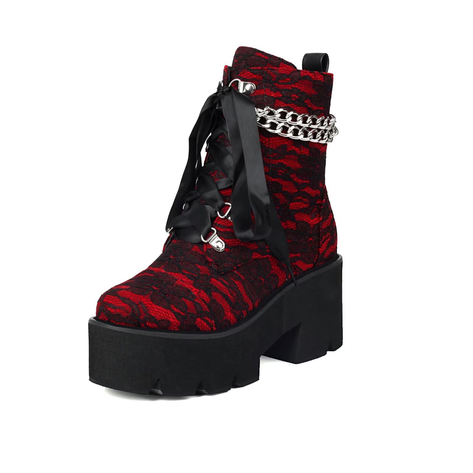 Floral Lace Ankle Boots Platform Chunky Heel Lace Up Buckle Chain Round Toe Combat Goth Punk Short Booties