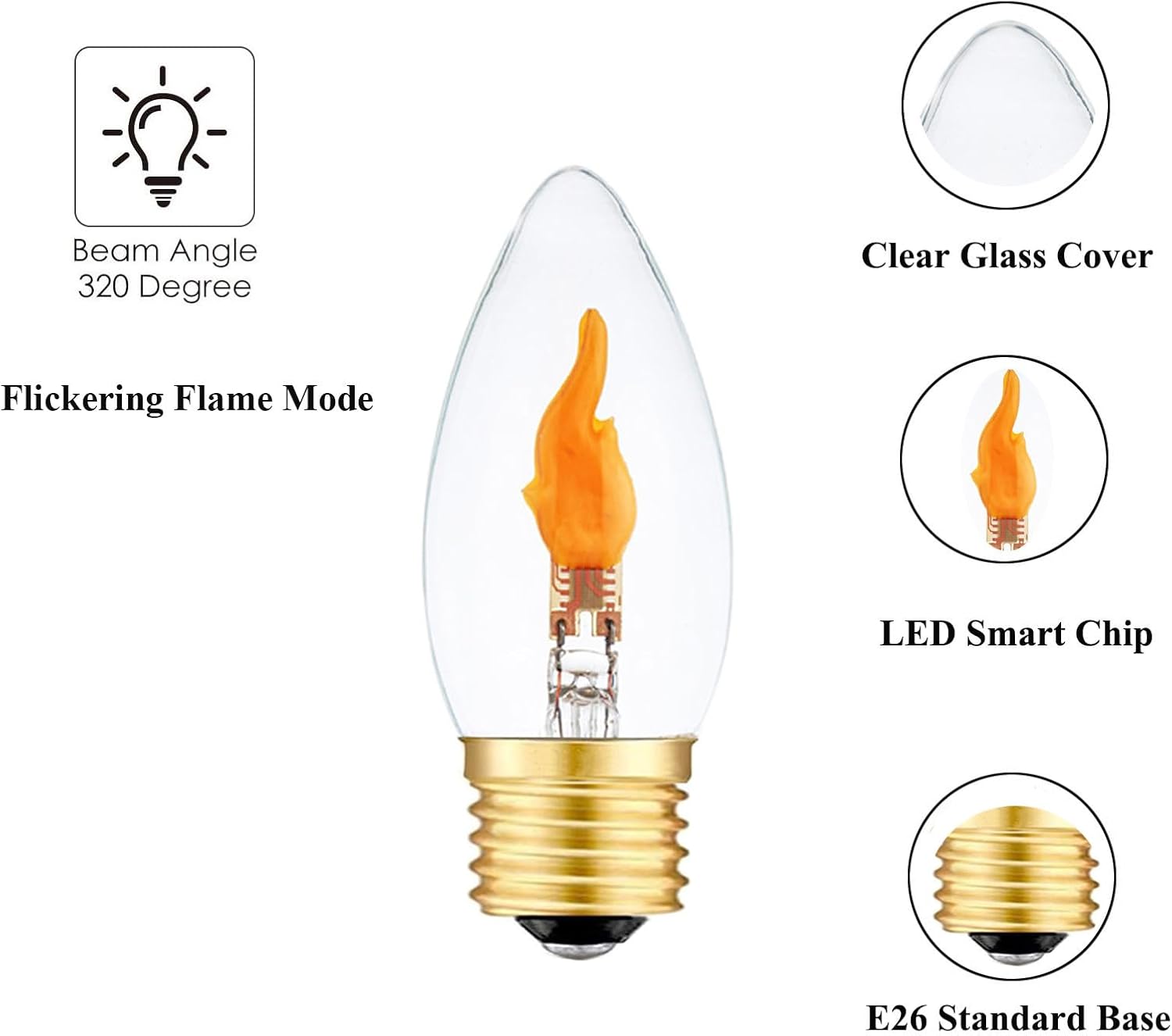 Sunaiony Flickering Flame Bulb E26 LED Fire Effect Light Bulbs, Flickering Light Bulbs for Halloween Christmas Holiday Decorations, Clear Glass, 4 Pack