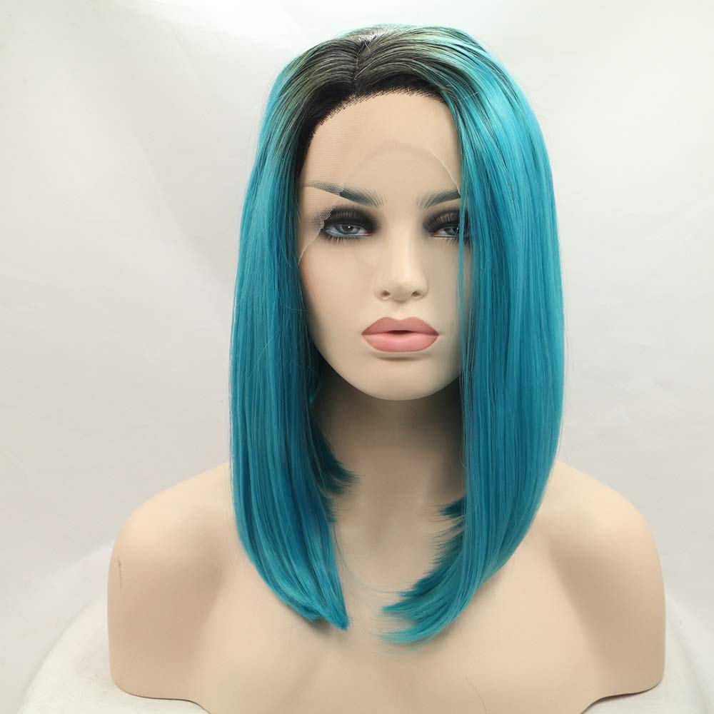 Perruque avant dentelle bleu dégradé bob court lisse cheveux fibre
