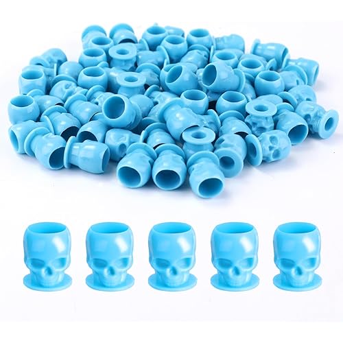 Tattoo Ink Caps 200PCS Disposable Skull Plastic Ink Cups for Tattooing Makeup Eyebrow Eyeliner Lip Pigment Holder Cups with Base Tattoo Supplies and Accessories (Blue)
