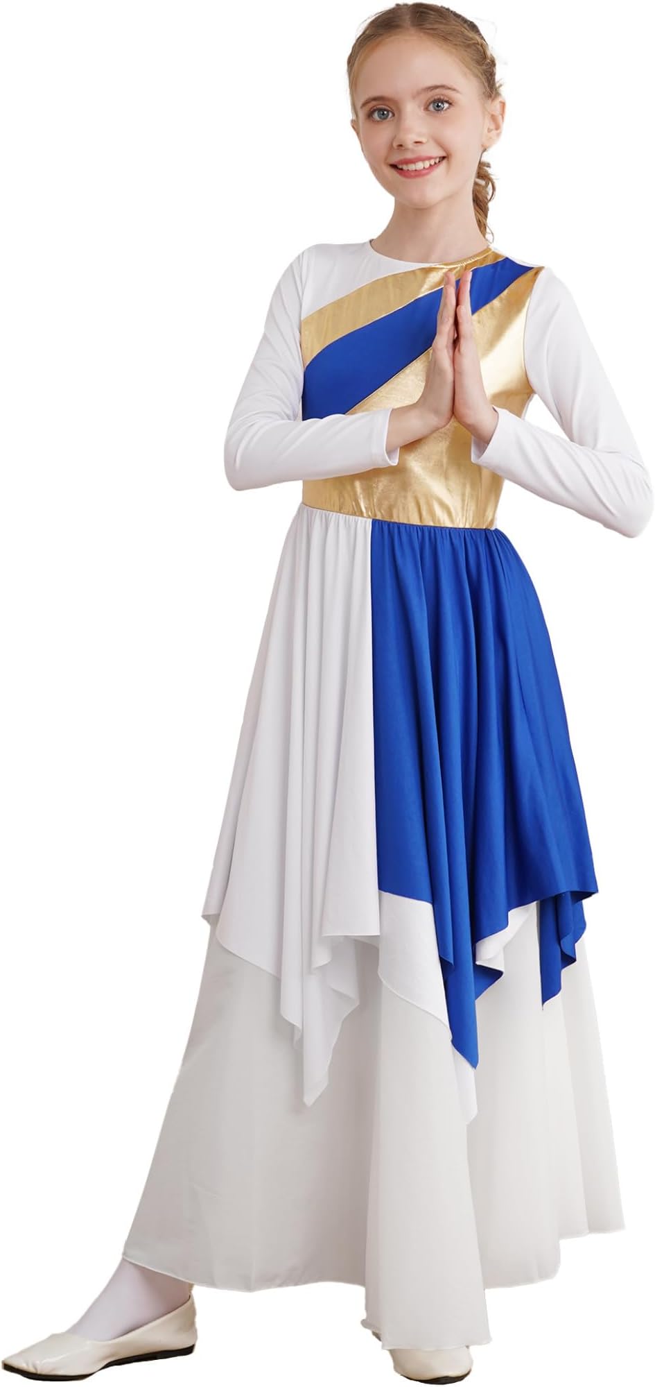 Long Sleeve Praise Dance Dress for Girls Metallic Liturgical Worship Dance Costumes Asymmetrical Church Robe Tunic