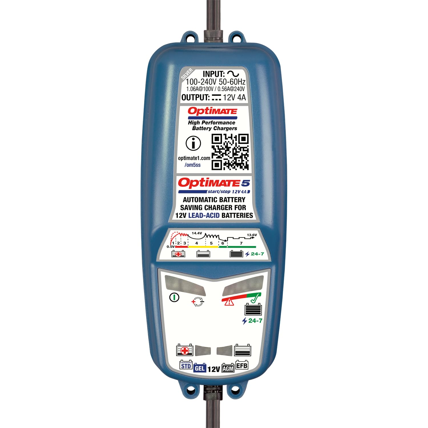 Optimate 5 Start/Stop 12V 4A Caricabatterie automatico e di mantenimento per batterie AGM, Gel, EFB & STD, 7 livelli, avvio da 0,5 V