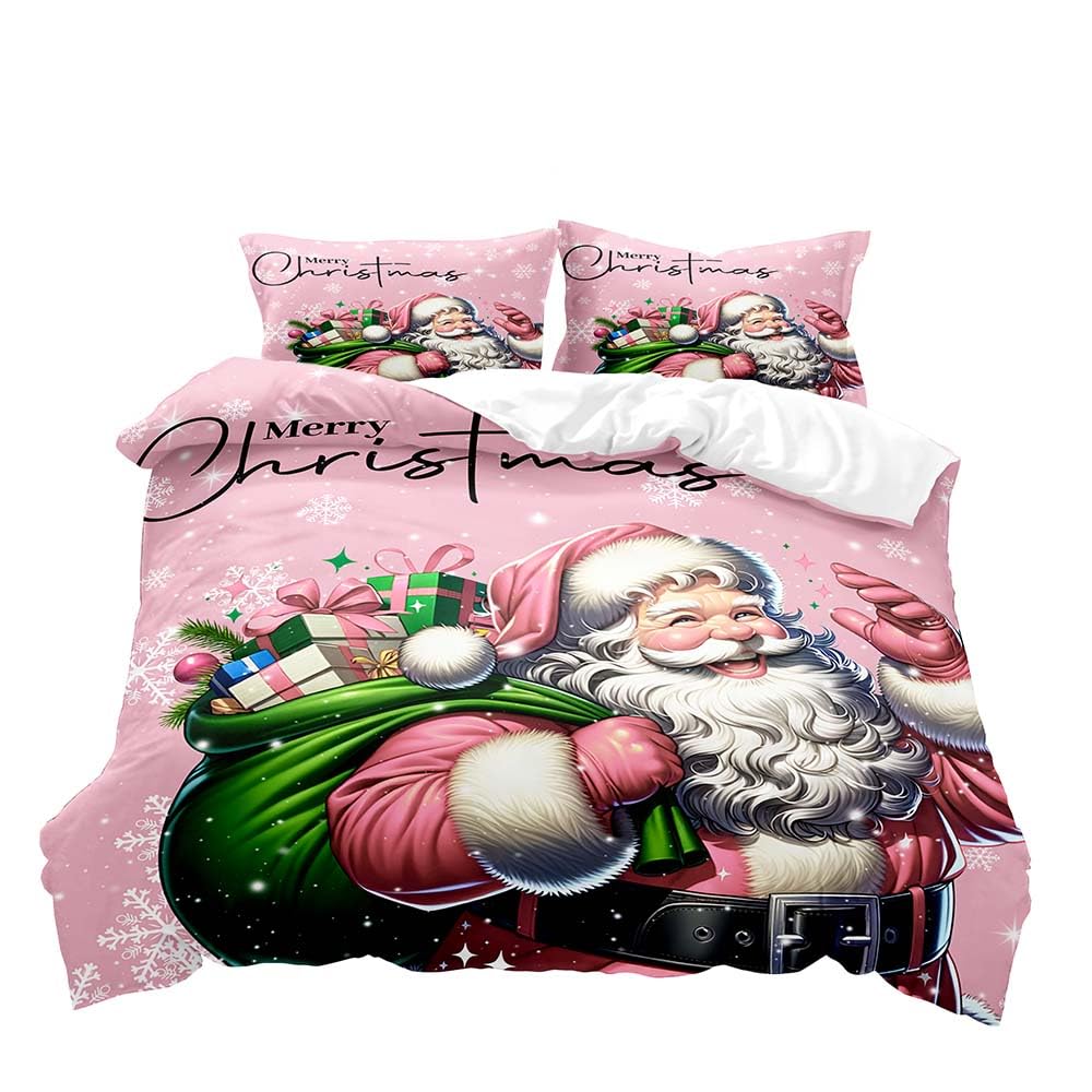 LUVIVIHOME 3PCS Pink Santa Claus Duvet Cover Queen, Christmas Bedding Sets, Pink Duvet Cover, Kids Girls Bedding, Snowflake Holiday Xmas Gifts Christmas Comforter Bedspread Quilt Cover, 2 Pillow Shams