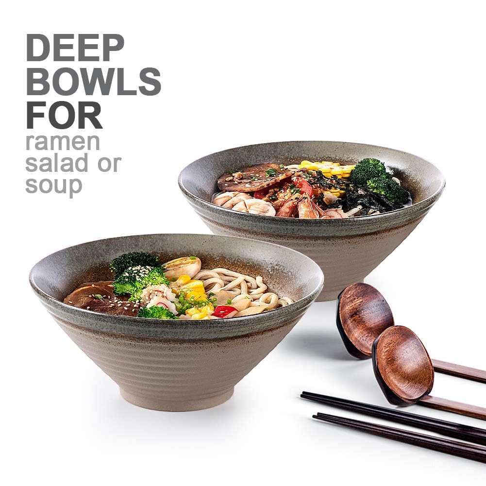 NJCHARMS Ramenschalen aus Keramik, Nudeln, Suppenschüsseln, 2 Sets (6 Stück) 1,701.0 g, große japanische Keramik-Ramenschüssel mit Löffeln und Essstäbchen für Salat, Udon Pho asiatische Nudeln,