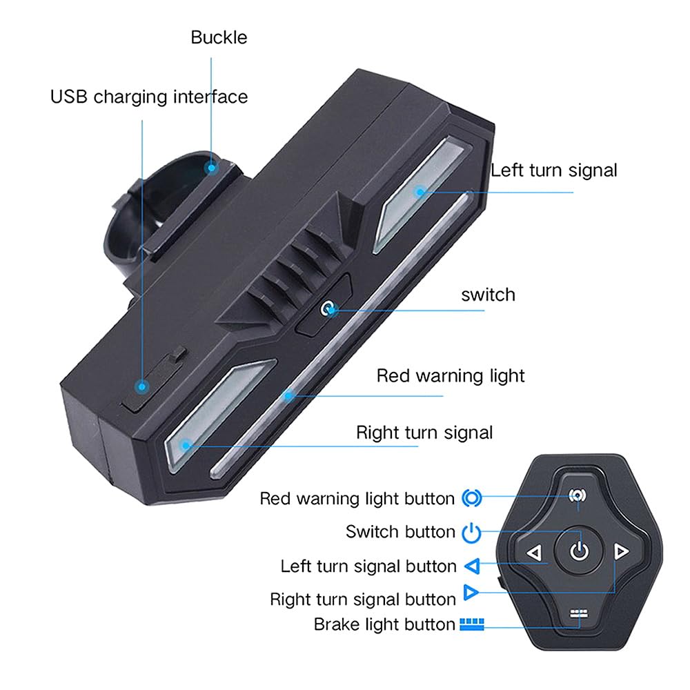 Luz Trasera Inteligente con Intermitentes y Control Remoto inalámbrico para Bicicleta de montaña y Carretera. Luces Impermeables Recargables por USB para Bicicleta de montaña y Car