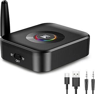 Bluetooth Aux Adapter for Home Stereo, Bluetooth 5.1 Receiver with RGB Light, Support FT Card, 3.5mm Aux to Bluetooth Adpater, Low Latency, Dual Connetion, Wireless Audio Adapter for Speakers