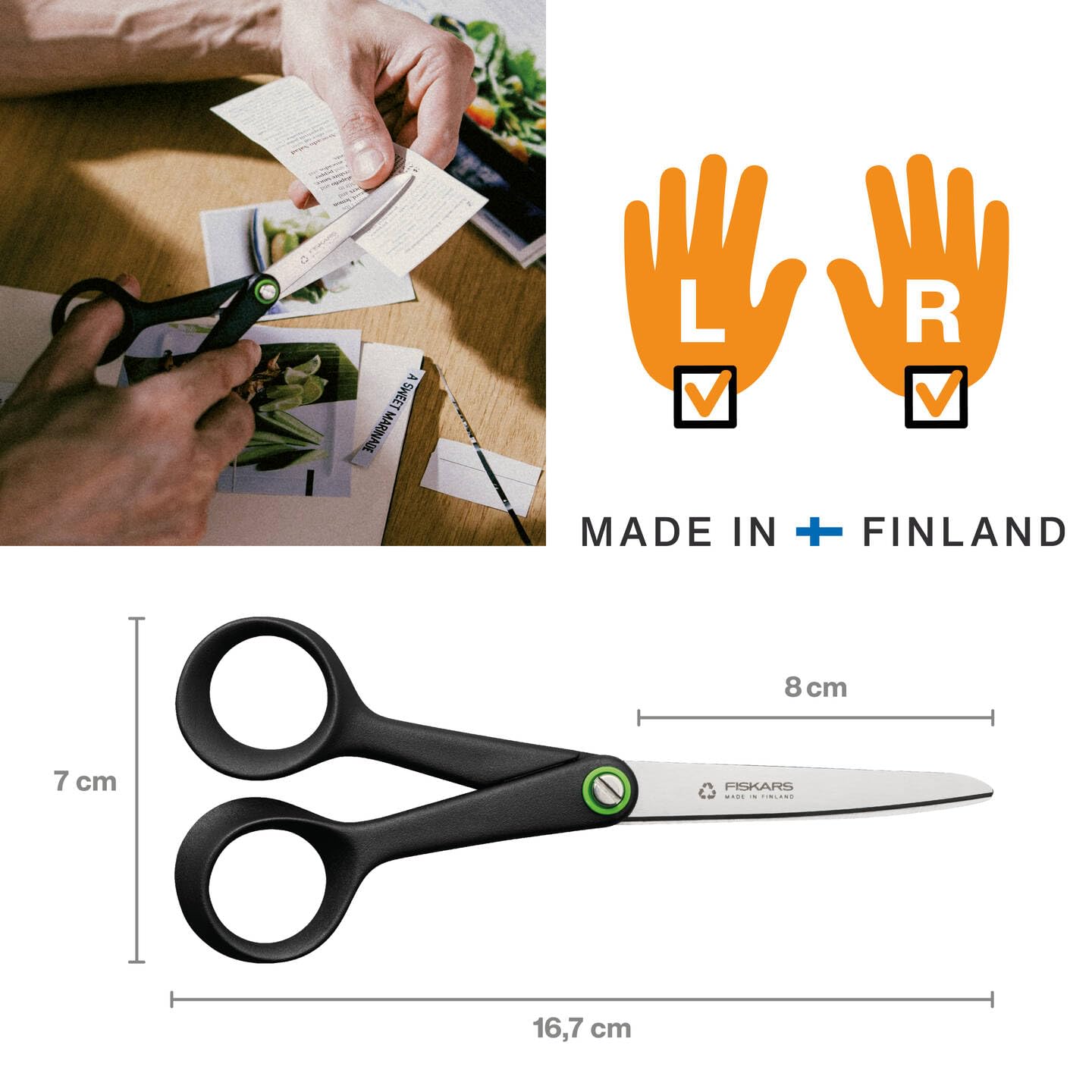 Fiskars ReNew universal scissors, length: 16.7 cm, recycled stainless steel/recycled plastic, functional shape, black, 1074543 - Image 2
