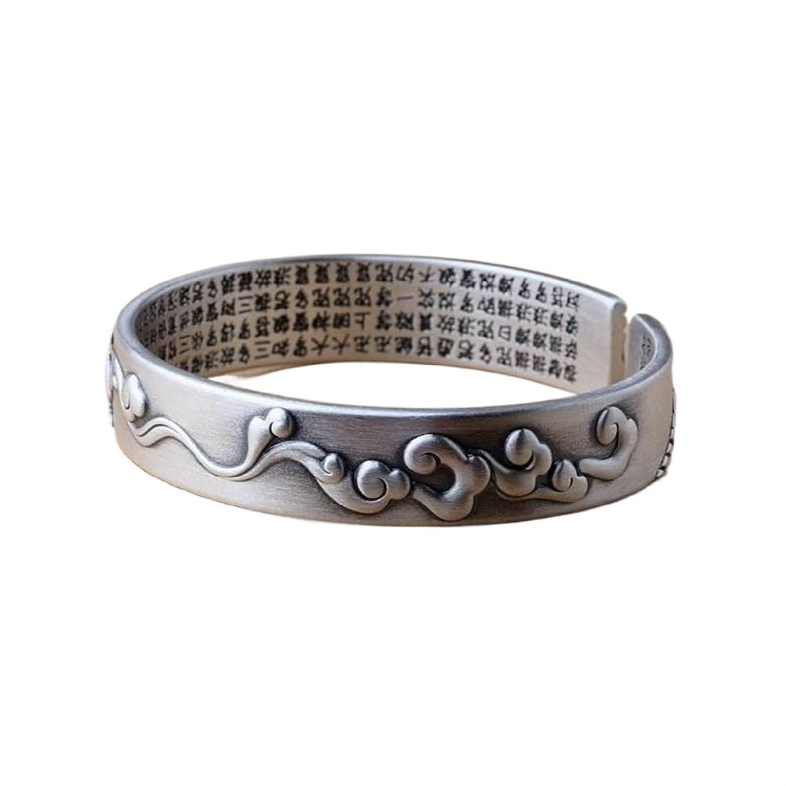 Bracciale rigido alla moda, bracciale rigido in argento 999 con detti buddisti Bracciale unisex in stile etnico con nuvola di bergamotto, bracciale aperto in argento. Come mostrato, i braccialetti pos