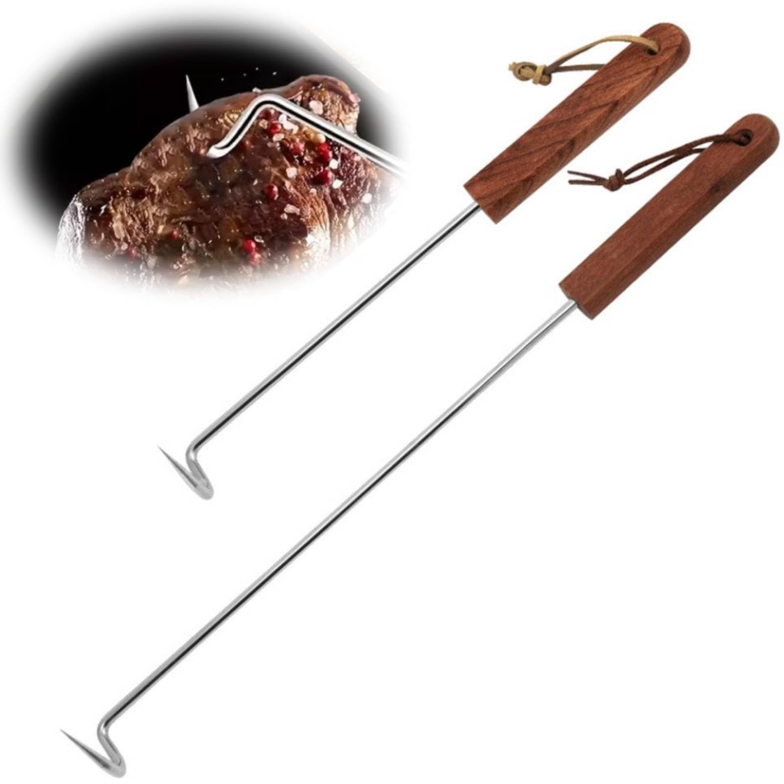 2Pcs BBQ Food Flipper, Meat Flipper Hook, Pigtail Food Flipper, Stainless Steel BBQ Meat Turner Hook for Grilling Smoking Griddle, Right-Handed (S+L)