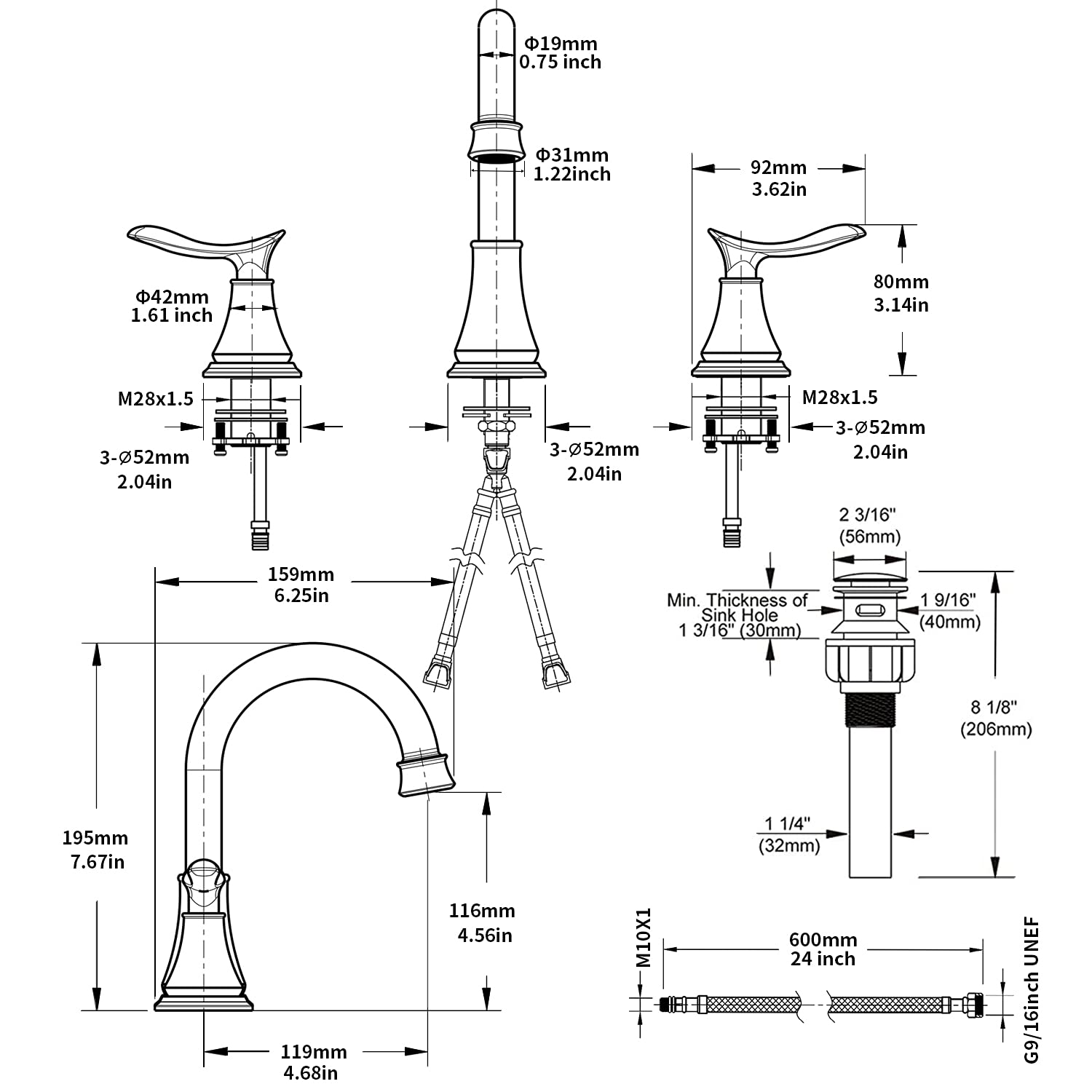 2-Handle 8 inch Widespread Bathroom Sink Faucet Oil Rubbed Bronze Lavatory Faucet 3 Hole 360° Swivel Spout Vanity Sink Basin Faucets with Pop Up Drain Assembly and cUPC Water Supply Hoses