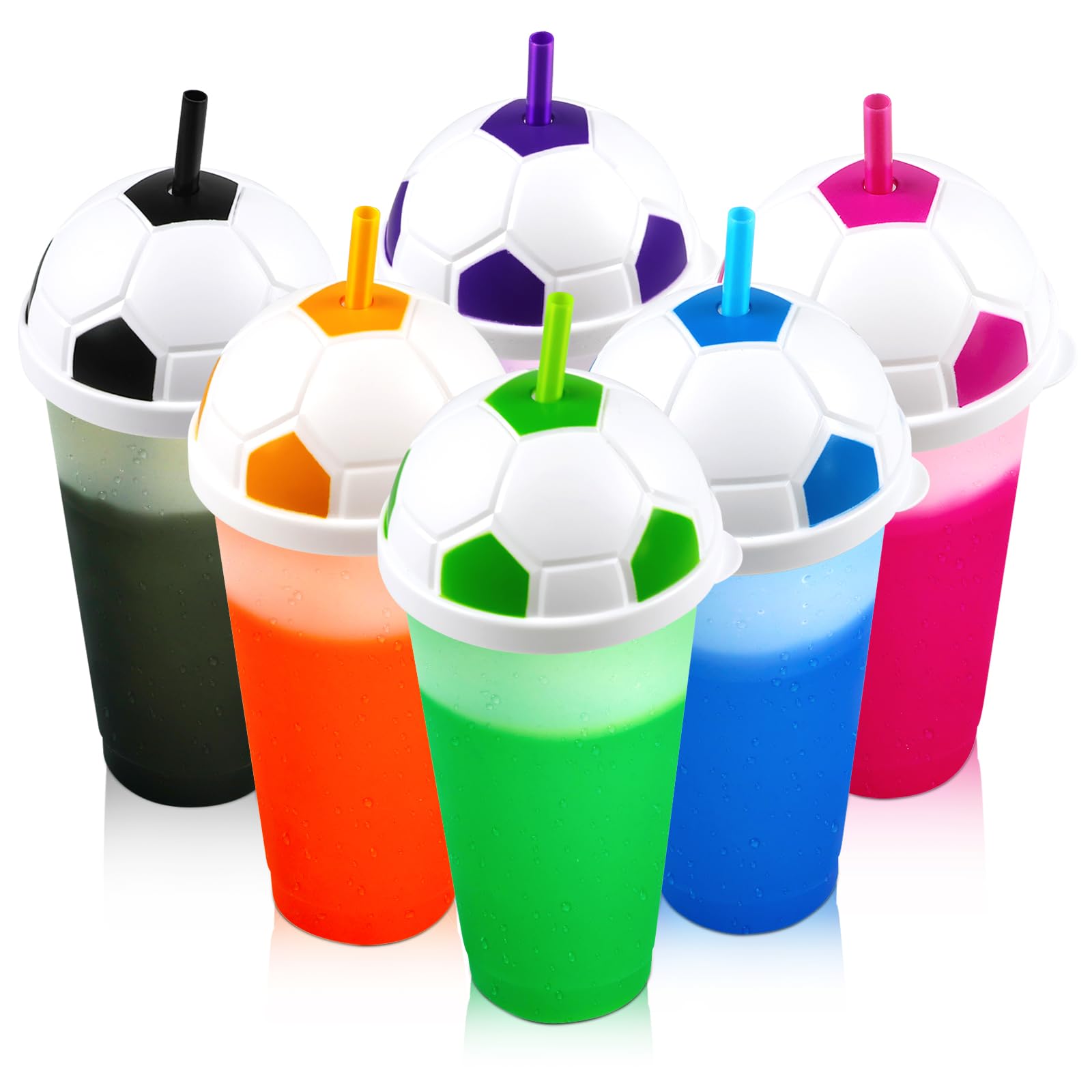 Football Fan Gift Color Changing Cups - 6 Pack 24 oz Reusable Plastic Tumblers with Lids and Straws for Soccer Party Supplies, Bulk Tumblers for Iced Coffee Tea and Smoothie, Game Day Decorations — image 1