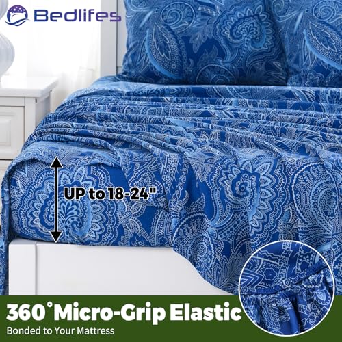 Image of Bedlifes Extra Deep Pocket 18-24 inch King 4-Piece Sheet Set - Cooling Sheets Blend Rayon Derived from Bamboo Soft & Breathable,Featuring Paisley Dark Navy Blue