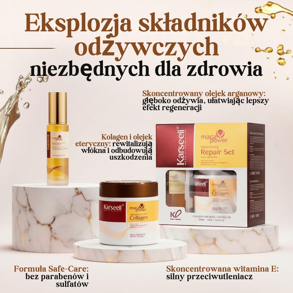 Karseell MACA CARE SYSTEM Maska Kolagenowa Serum Olejek Arganowy Włosy Suche Zniszczone Farbowane Puszące Nawilżenie Blask Regeneracja Wzmocnienie Do Wszystkich Rodzajów Włosów 500ml+50ml