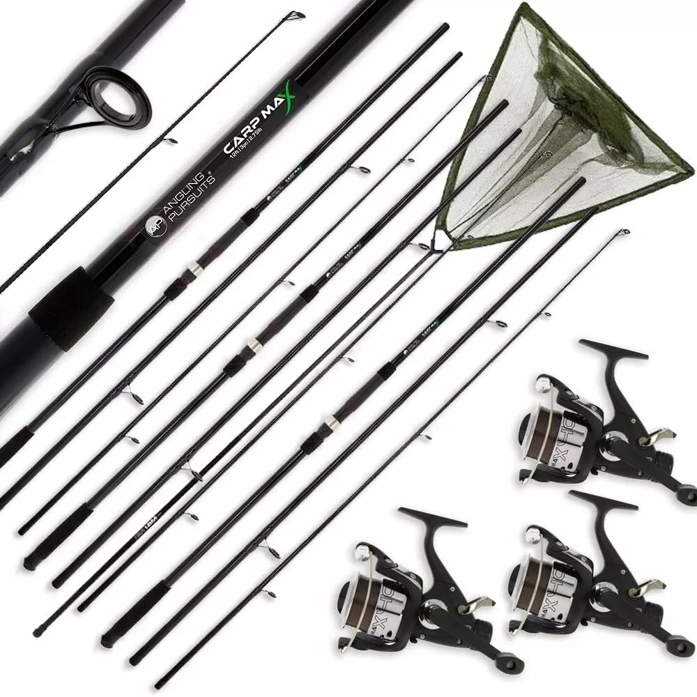 Complete Carp Fishing Set 3x 12ft 3pc Fibreglass Rods, 3x Carp Reels Pre Spooled with 10lb Line, 42" Specimen Landing Net Combo