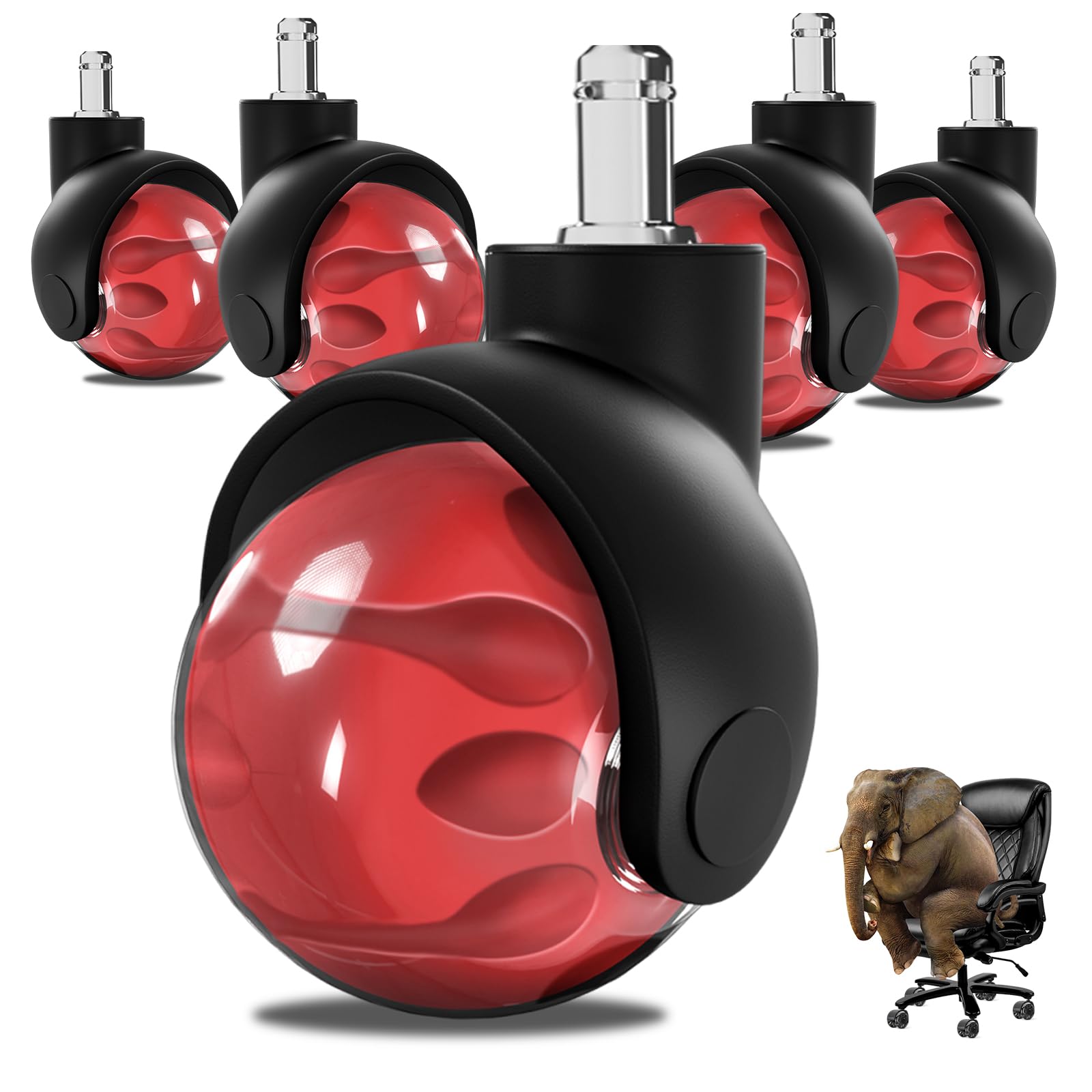 Sytopia Set di 5 Ruote per Sedia da Ufficio in Rosso, Ruote per Sedie da Ufficio 11 x 22 mm per Moquette, Pavimenti Duri, Tappetino Protettivo, Sedia da Gaming, Resistente, Liscia e Silenziosa.