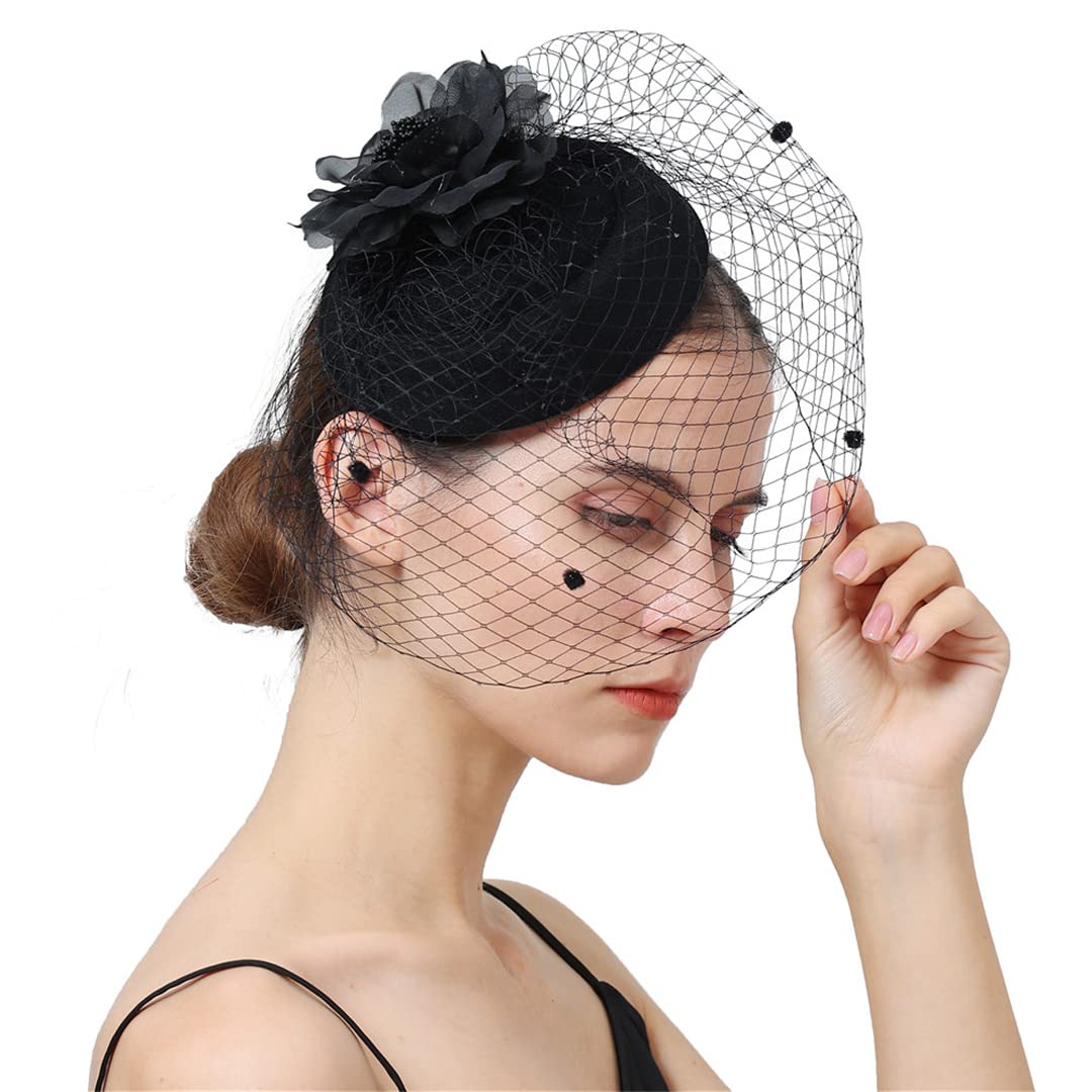 FBHappiness Women Fascinator With Face Veil Wedding Headwear Bride Headpece Hair Clip Headband Party Fedora Cap,Feather Flower Hair Clip(Navy)