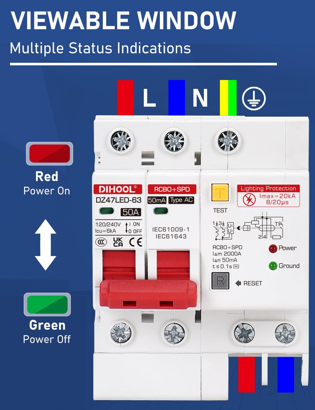 DIHOOL Ground Fault Circuit Breaker with Voltage Surge Arrester Protection, 50 Amp 2 Poles AC 120V-240V, DIN Rail Mount Residual Current Circuit Breaker 50A