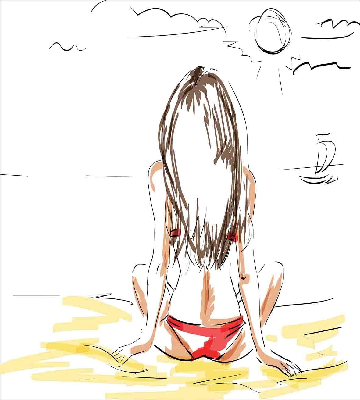 Ambesonne Summer Duvet Cover Set, Sketch of a Girl on Beach Summer Holiday on Sand Sunbathing, Decorative 3 Piece Bedding Set with 2 Pillow Shams, Queen Size, Yellow White