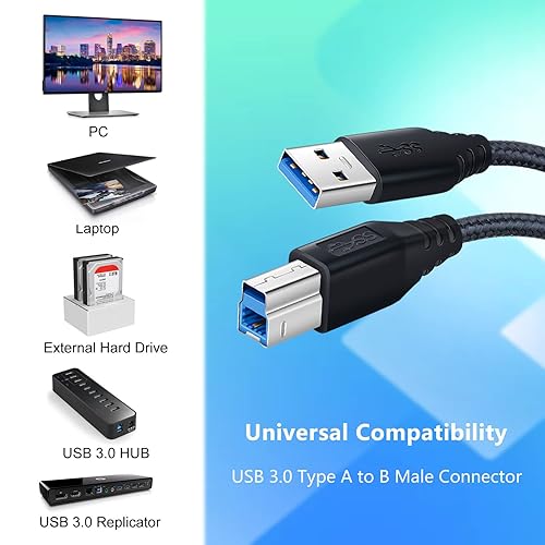 Miniatura 7 de OKRAY Cable USB A a USB B 3.0, paquete de 2 cables de 6 pies tipo A a B macho a macho, cable trenzado de nailon USB-A a USB-B para concentrador