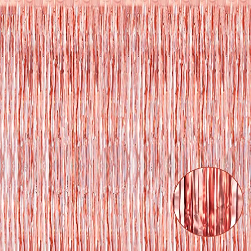 Image of 4 Pack Rose Gold Foil Fringe Curtain Backdrop, 3.28Ft x 8.2Ft Metallic Tinsel Foil Fringe Streamers Curtains for Party,