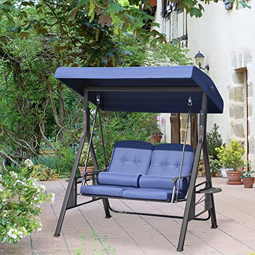 Image of Outsunny 2-Person Patio Swing Bench with Adjustable Shade Canopy, Soft Cushions, Throw Pillows and Tray, Dark Blue