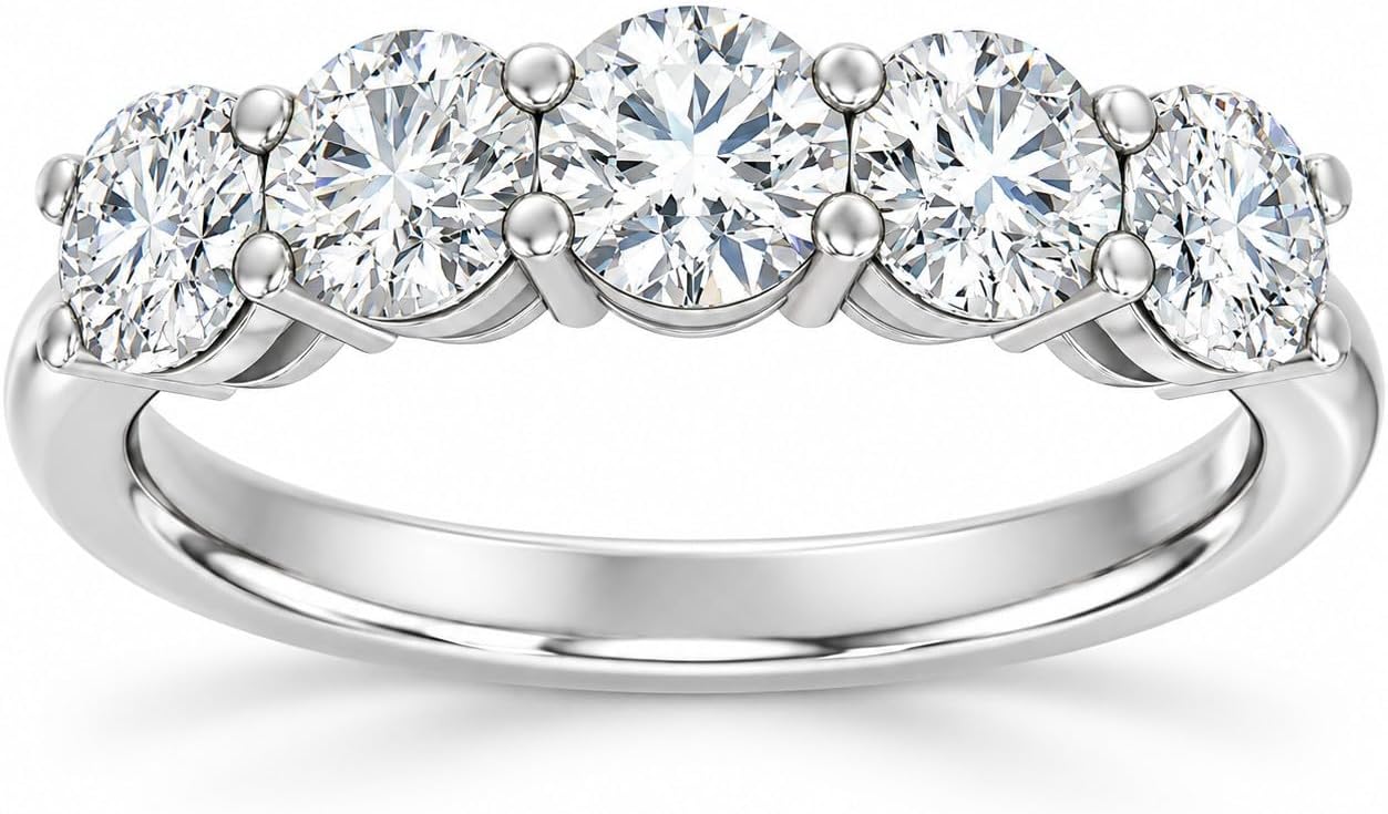 1/2-5 Ct Lab Grown Diamond 5 Stone Ring | 14K White or Yellow Gold Anniversary Band (D-E/VS clarity)