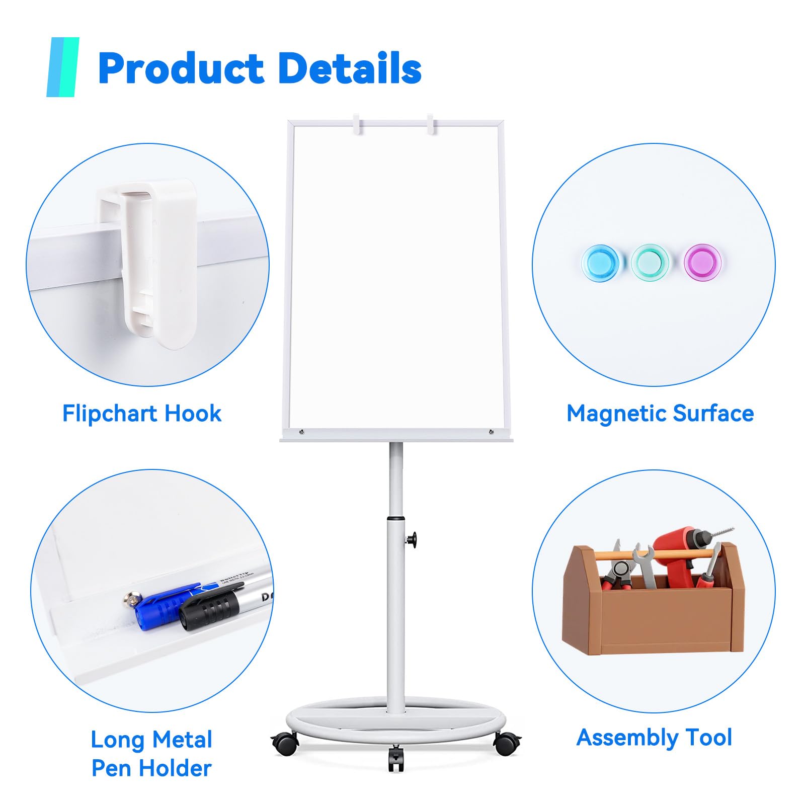 maxtek Pizarra Blanca Magnética Móvil con Marco de Plástico 90 × 60 Cm, Whiteboard Portátil con bandeja y caballete, Altura Ajustable, Borrado en Seco para Casa, Aula, Oficina