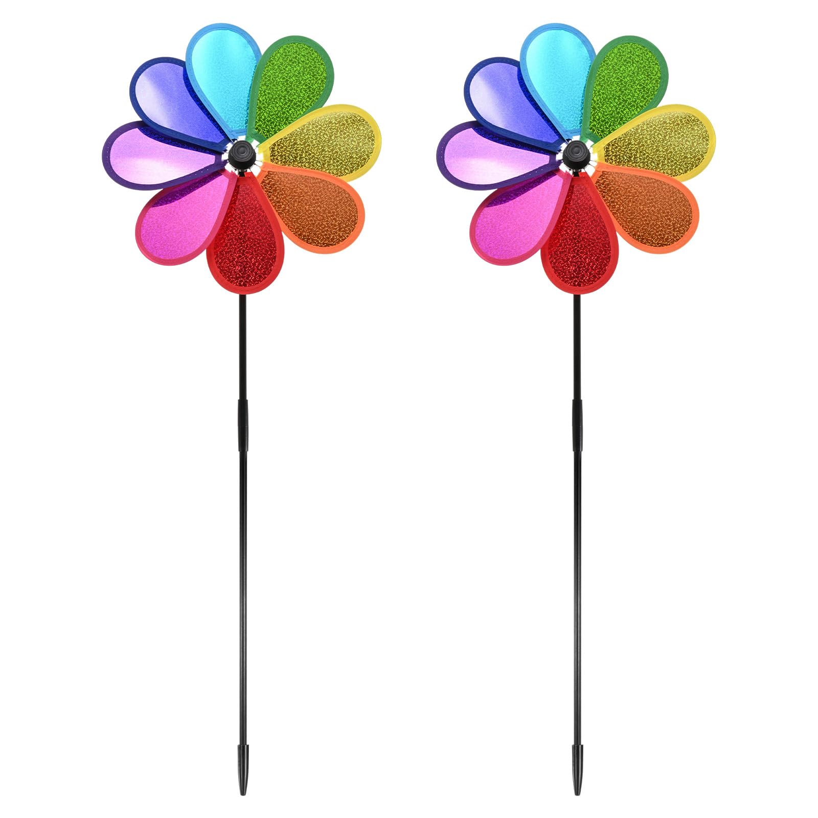 M METERXITY 2-Pack Flower Wind Spinner Sparkly Lawn Pinwheels, 28.3 Inch Plastic Reflective Pinwheels for Party Decorations/Yard/Garden, Colorful Rainbow Garden Windmill [Multicolor]