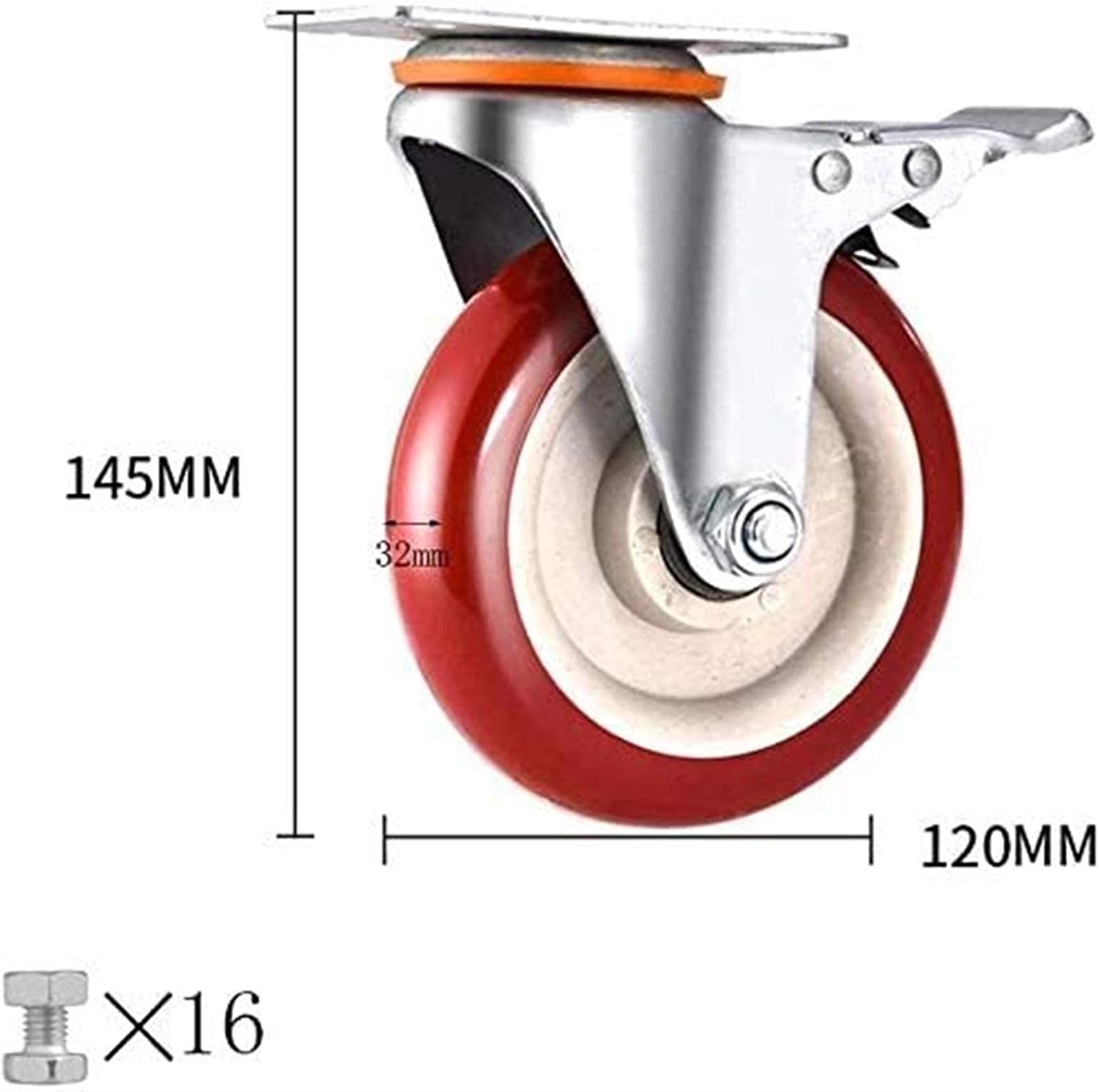 Universal Casters, Brake Caster Mounting Plates, Trolley Wheels Heavy Duty Polyurethane Furniture Casters, Office Chair Shopping Wheels, for Hard Floors, Carpets, Tiles, Four-Piece
