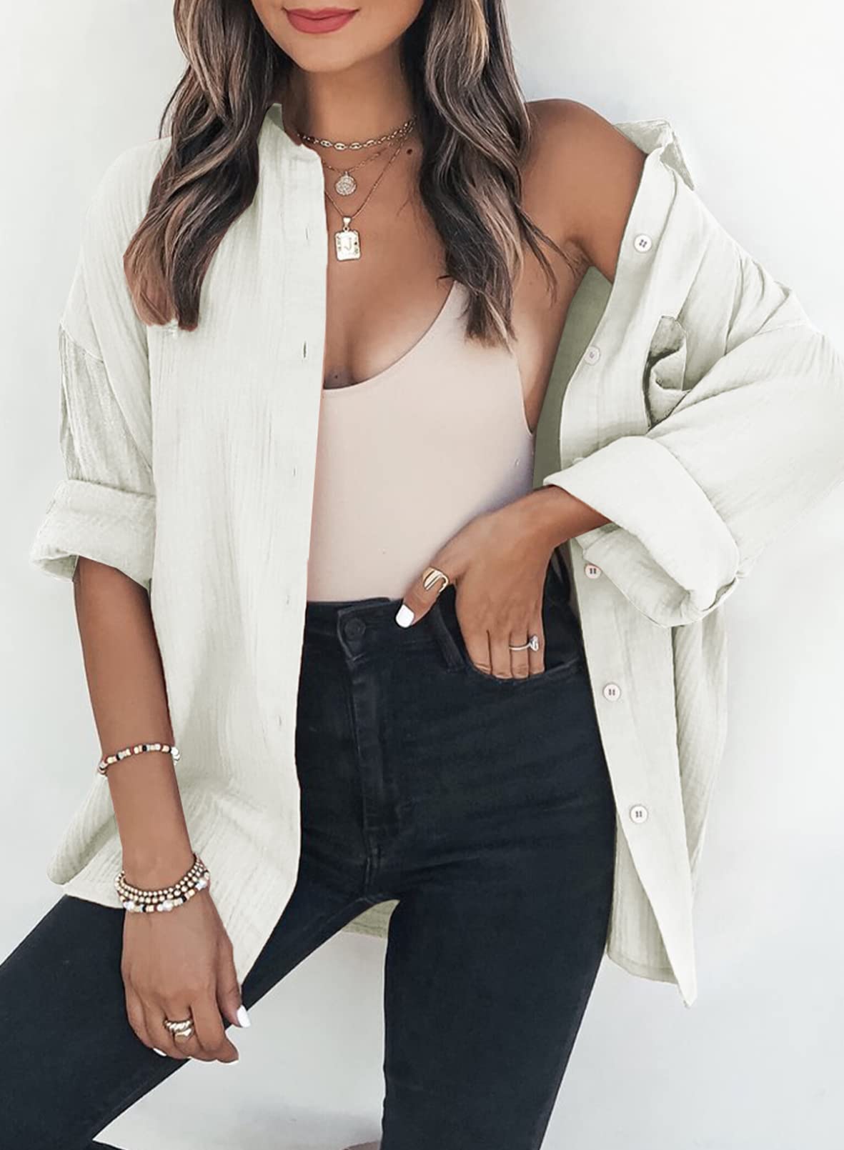 Dokotoo Womens Color Block Button Down Shirts Long Sleeve Oversized Boyfriend Blouses Tops