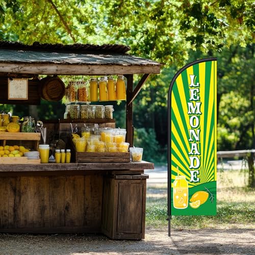 Image of Remagr 2 Pack Lemonade Feather Flag 7 ft Advertising Swooper Flag Sign Windless Lemonade Banner with Pole Kit and Ground Stake for Businesses Restaurants Outside Ground