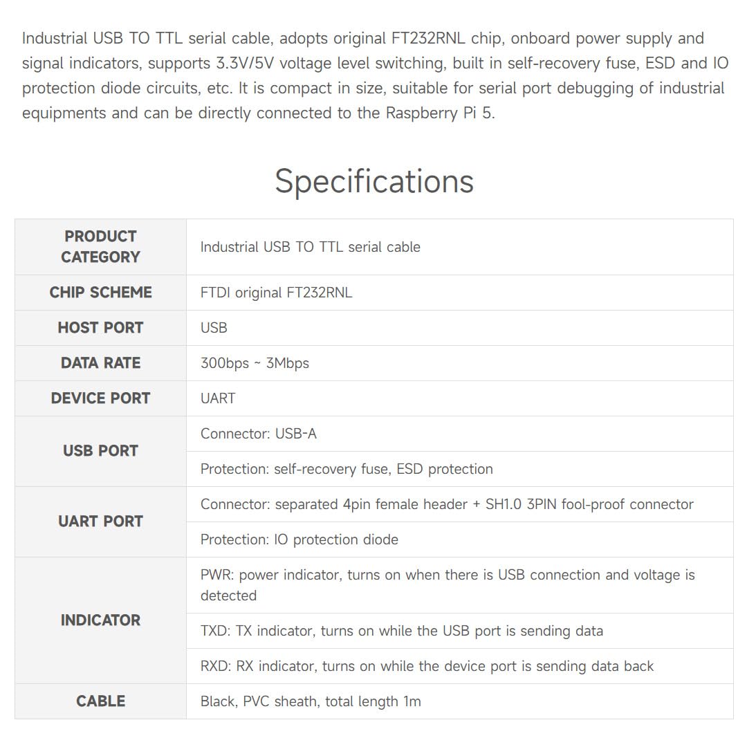 Waveshare Industrial USB TO TTL (D) Serial Cable, FT232RNL Chip, Multi Protection Circuits, for Win7/8/10/11/Mac/Linux, With 4pin Header+SH1.0 3PIN Connector, For Raspberry Pi 5 Serial Port Debugging