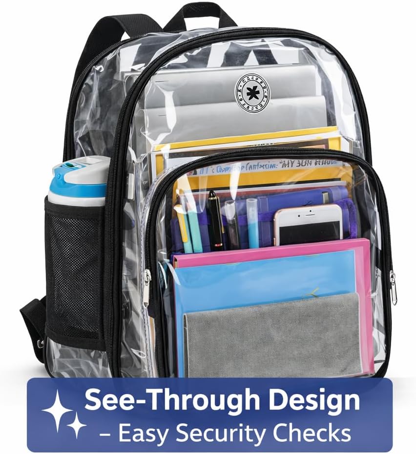 K-Cliffs Large Transparent Backpack Clear Heavy Duty School Bag Durable Student Bookbag See Through Vinyl Daypack Workbag