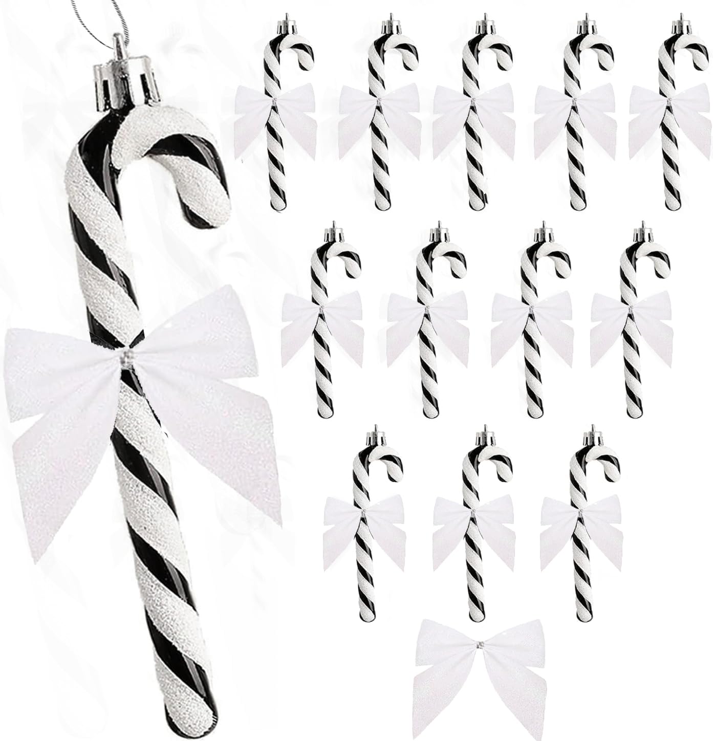 Bastones de Caramelo de Navidad con Purpurina Lazo Colgante para Árbol Navidad (Blanco) 24 Piezas