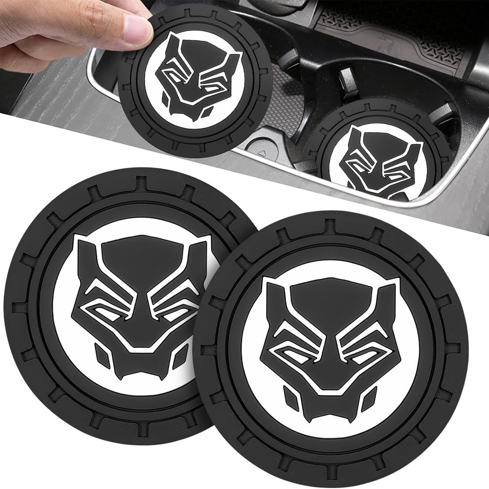 2Pcs Car Cup Holder Coasters for Black Panther Marvel Fans, Silicone Non-Slip Drink Mats, Cup Mats for Car Interior Accessories, Universal Anti-Spill Coaster Insert