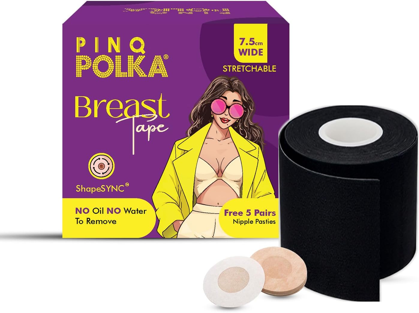 Boob Tape for Women for Breast Lift | Invisible Body Tape | boobtape Skin- Friendly Adhesive Up to 12 Hrs Sticking Capacity | Reusable Cloth Bag| 7cm Wide & 5m Long & Free 10 Nipple Pasties
