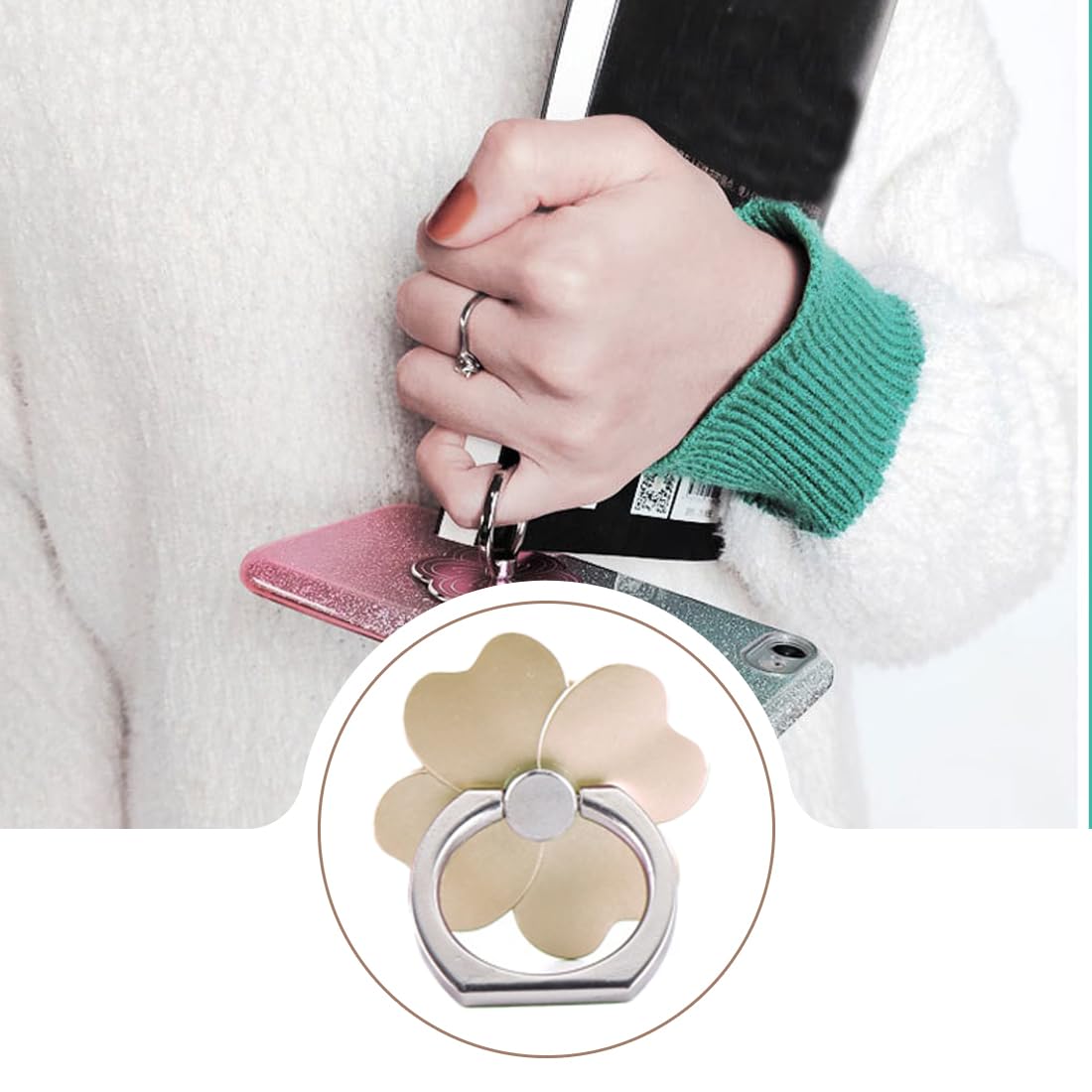 4 pezzi supporto per cellulare con supporto, anello floreale per cellulare, impugnatura per dita, ruotabile a 360°