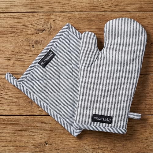 Image of Encasa XO Heat Resistant 100% Cotton Oven Glove & Potholder Set with Loop, Kitchen Cooking Mittens, Microwave Safe Hot Pads (Ticking Navy Blue)